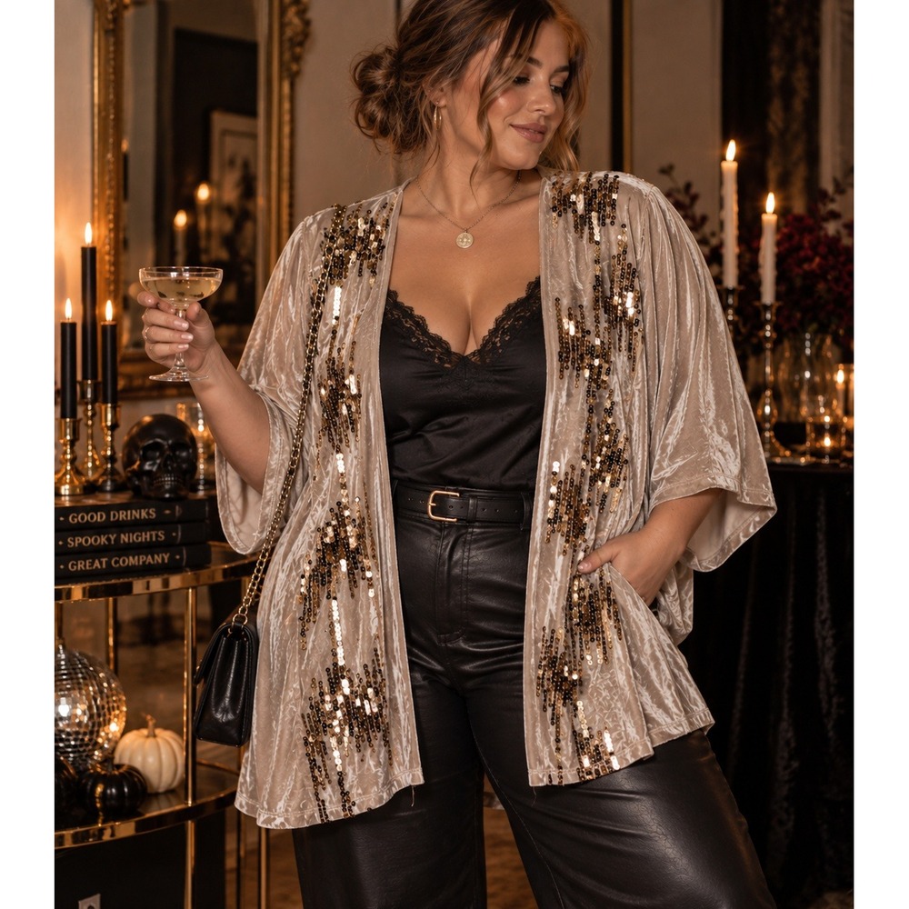 Marc New York Champagne Velvet Sequin Kimono Wrap One Size M1MRT426 NEW